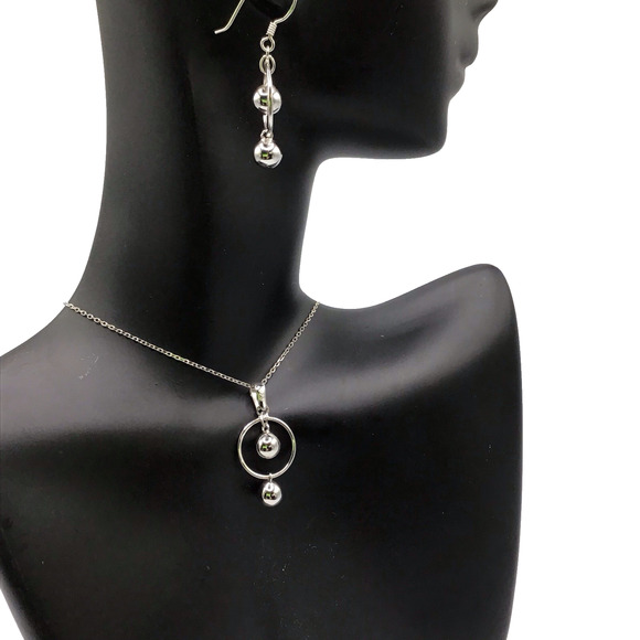 925 Sterling Silver Necklace & Earrings Set Ball Pendant 18" Dangle Hooks - Picture 7 of 11